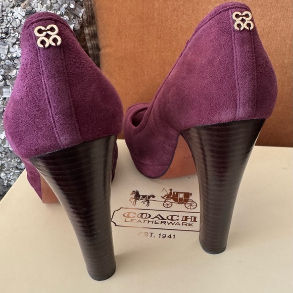 Coach Suede Peep Toe Platform Heels in Color Plum
